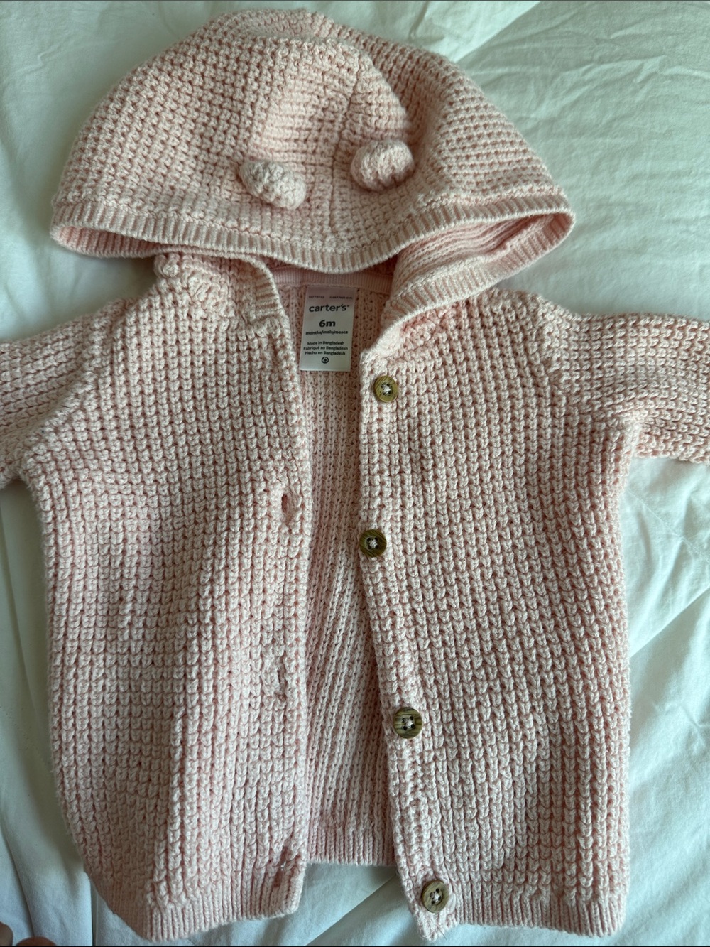 Carter's Light Pink Knit Hooded Baby Cardigan with Pom Details